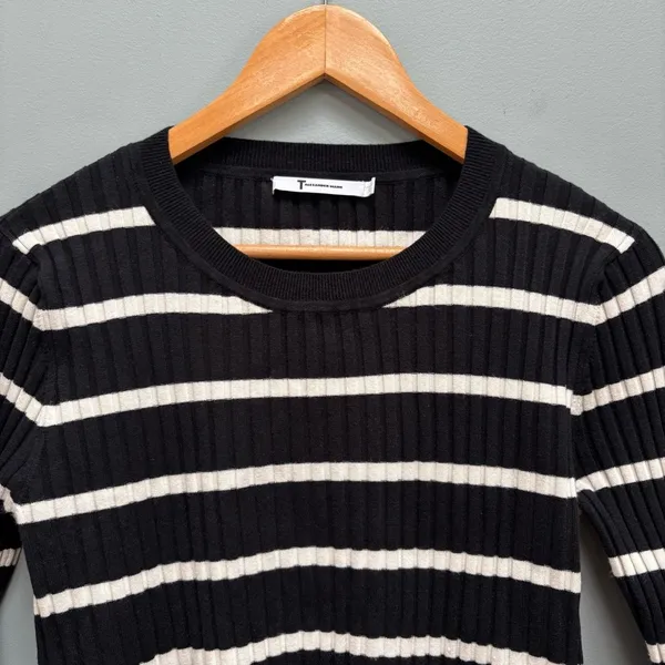 T by Alexander Wang Black Ivory Striped Fitted Rib Pullover Medium - Image 5