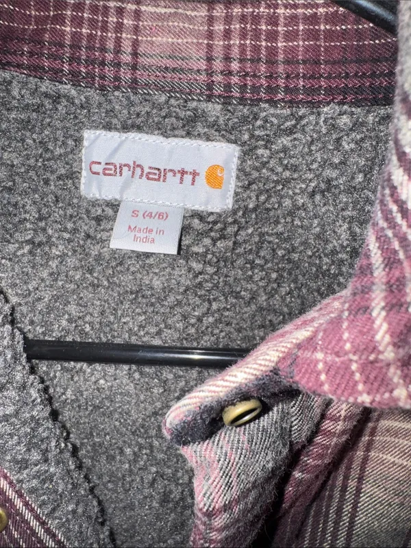 Carhartt Hubbard Sherpa Lined Burgundy and Cream Plaid Snap-Front Jacket - Image 2