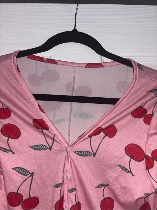 Juniors Pink Long Sleeve Romper Onesie Pajama Cherry Print Sweet Text - Image 2