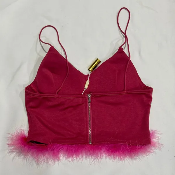 Y2K Rhinestone Bustier Crop Top Feather Trim Hot Pink NWT L - Image 2