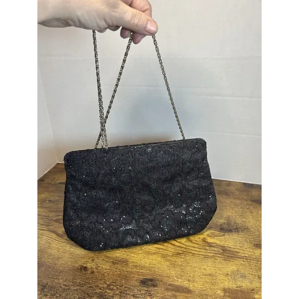 Vintage Black Floral Lace Glitter Evening Bag Gold Tone Chain Strap Formal Purse - Image 12
