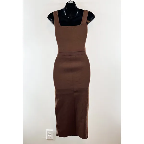 Miou Muse Knit Set Cropped Corset Top High Rise Midi Skirt Brown Small - Image 3