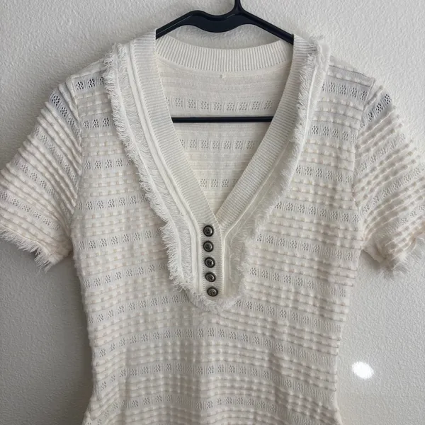 White Textured Fringe Trim V-Neck Henley Fit & Flare Mini Dress Short Sleeves - Image 5