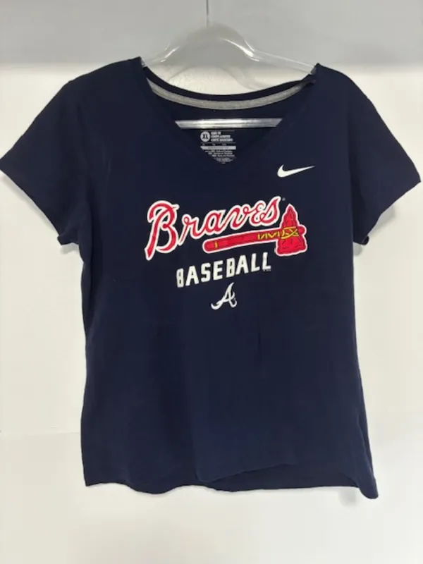 Nike Atlanta Braves MLB V-Neck Tee XL Slim Fit Navy Baseball Graphic Swoosh - Image 2