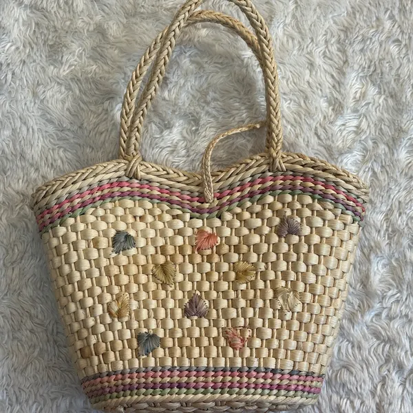 Vintage Straw Cottagecore Handle Purse Basket Bag Pink Gingham Floral - Image 3
