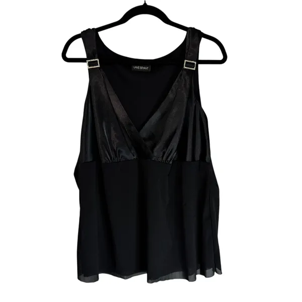 Lane Bryant Black Satin Surplice Babydoll‎ Top Rhinestone Buckle Plus Size Tank - Image 2