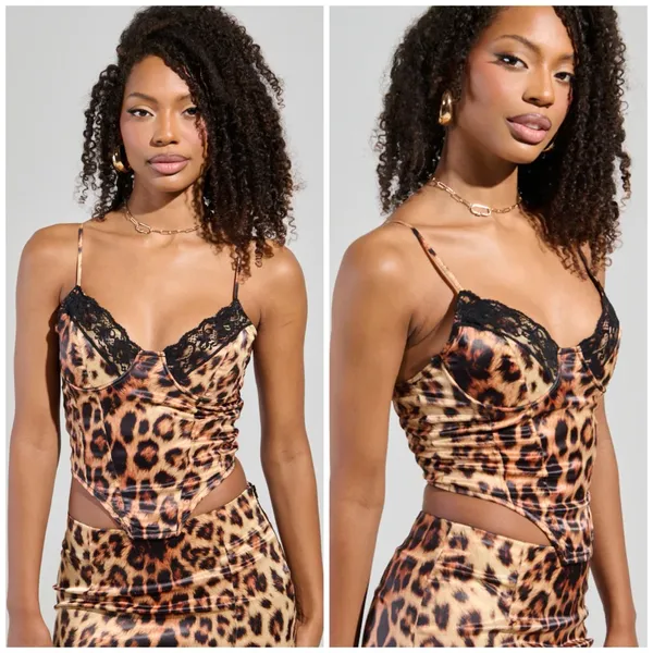 AKIRA Leopard Print Satin Lace Corset Cami Top Plunge Neck Size XL - Image 6