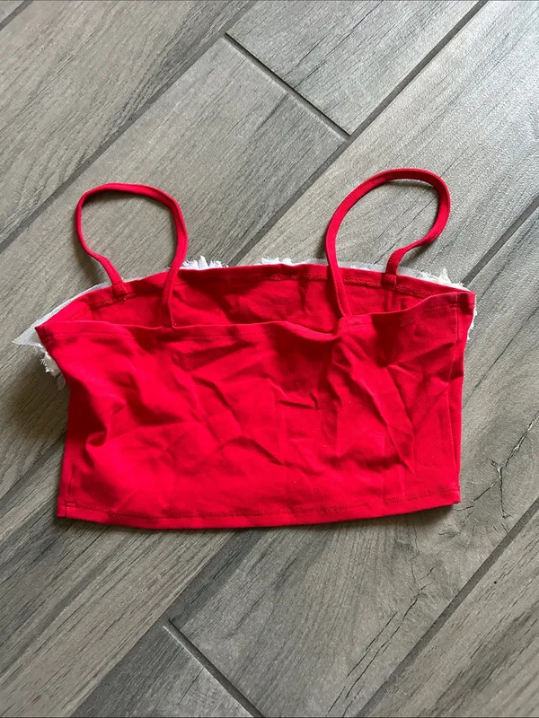Red Floral-Trim Crop Tank with Spaghetti Straps - Image 4