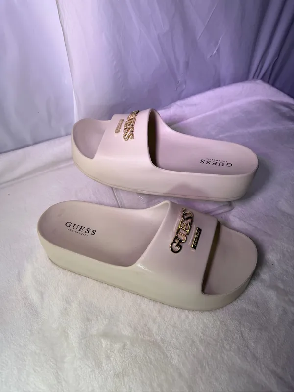 GUESS Women's Beige Slide Sandals with Gold Logo - Image 3
