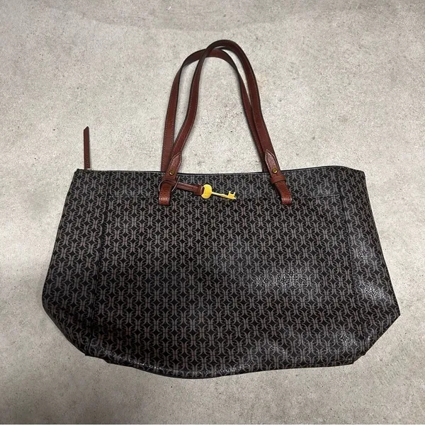 Fossil Women's Rachel Large Tote Bag In Black & Brown Monogram Zipper Top - Image 7