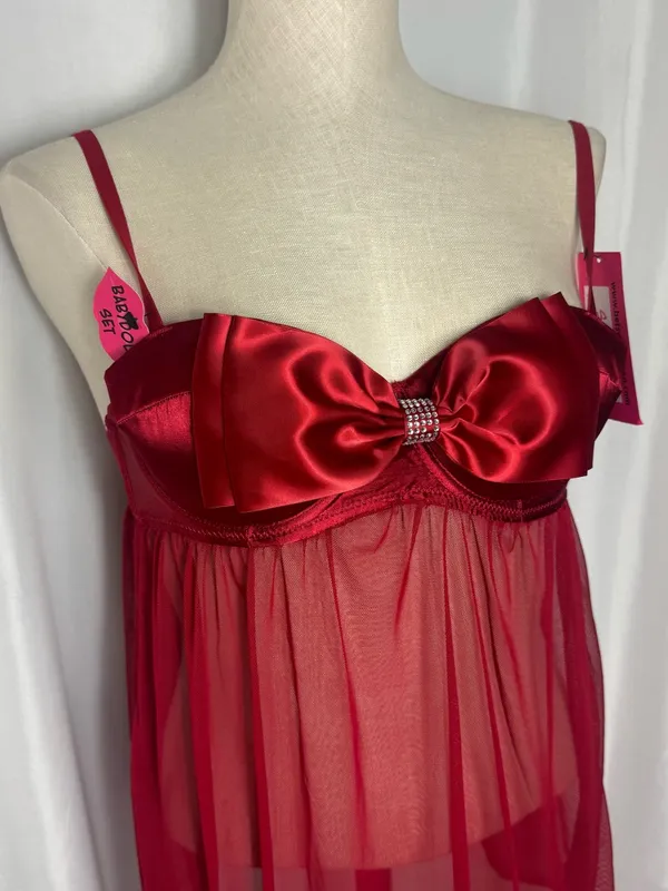 Betsey Johnson lingerie Y2K style babydoll 2 piece Red Satin Mesh Bow Small NWT - Image 2