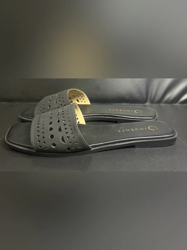 Journee Black Laser-Cut Slide Sandals - Image 5