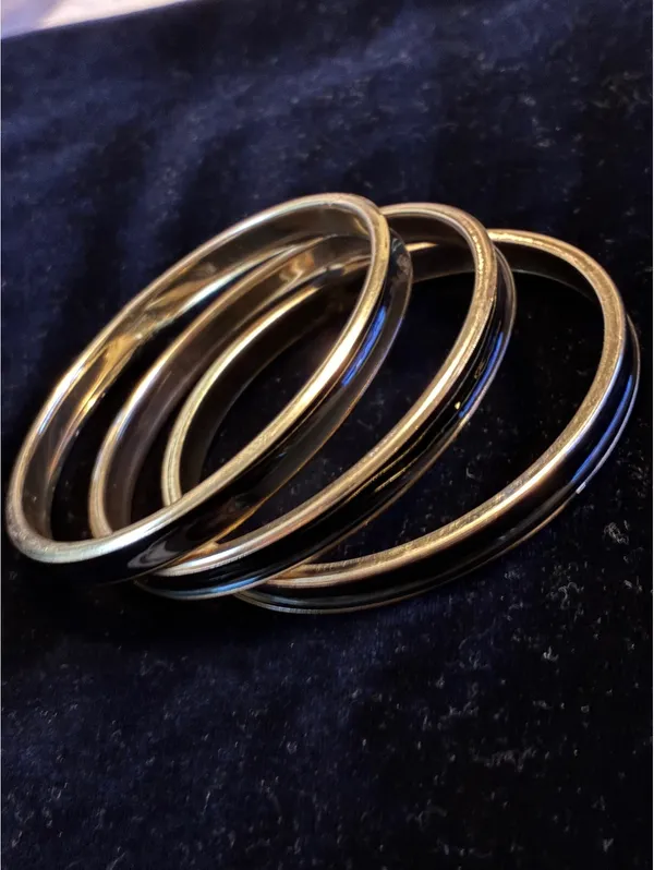 Vintage Minimalist Black Enamel Bangle Set • 3 Gold Tone Stacking Bracelets - Image 3