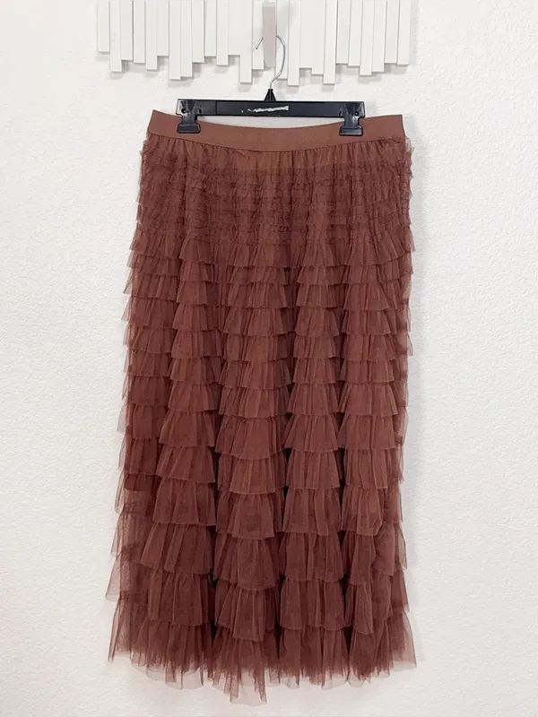 Miss Sparkling Mocha Brown Tiered Tulle Ruffle Midi Skirt - Image 2