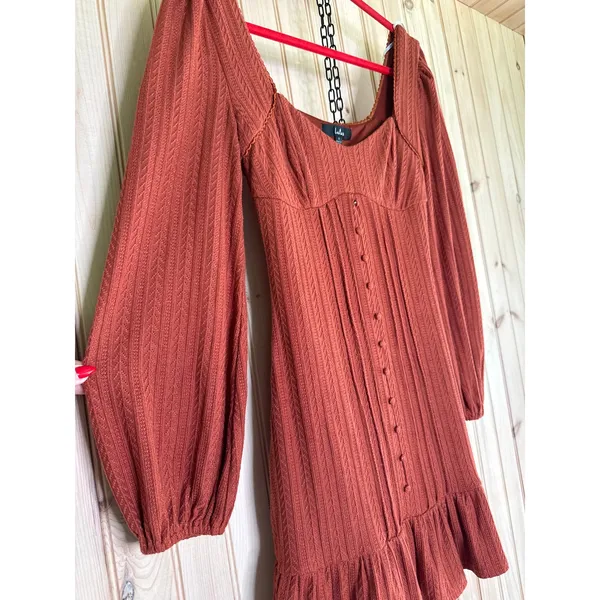 NWT Lulus Coveted Sweetness Rust Pointelle Knit Long Sleeve Mini Dress Party S - Image 4