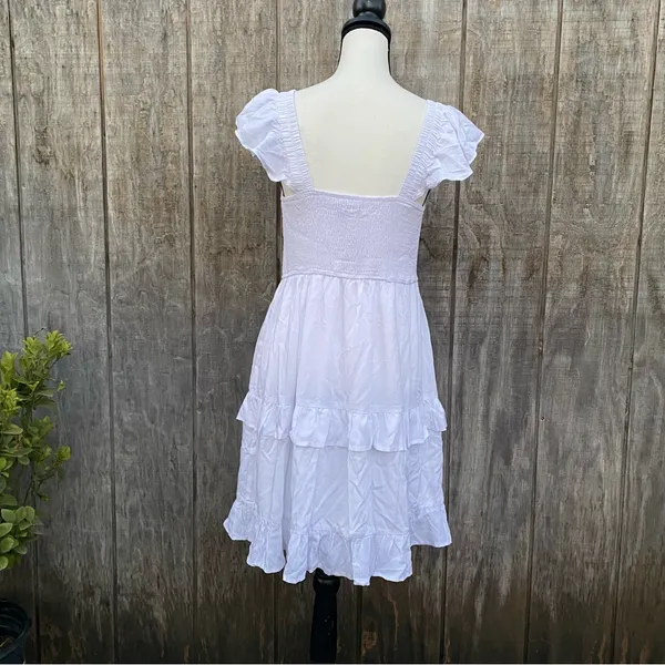 LEANI White Ruffle Smocked Babydoll Lined Tiered Mini Dress Size L - Image 3