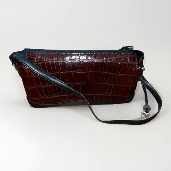 Brighton Vintage Croc Embossed Leather Shoulder Bag Brown Black Trapezoid Purse - Image 2