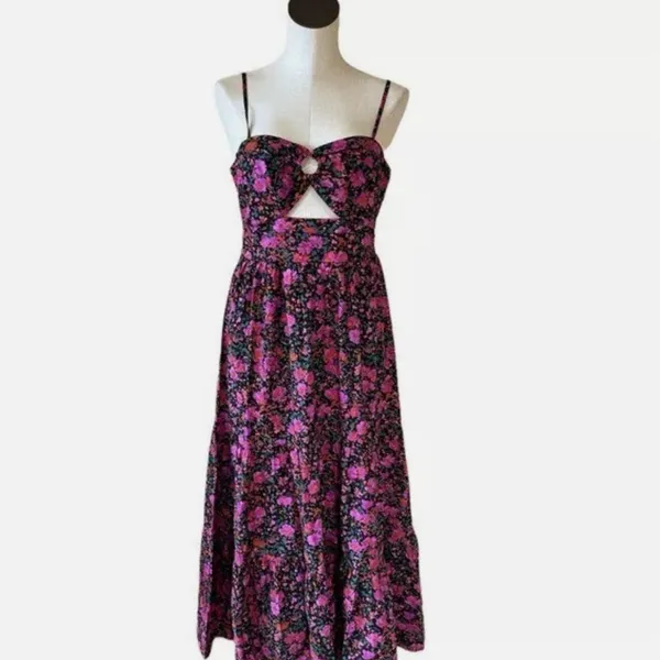 NWOT Fore Floral Tiered Boho Maxi Dress Cut Out Large Cotton Large - Image 5