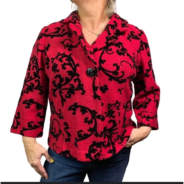 Coldwater Creek Red Black Scroll Print‎ Wool Blazer Jacket 1X Velvet Brocade - Image 2