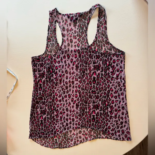 Miley Cyrus Y2K Sheer Asymmetrical Hem Tank Too Leopard Cheetah Print Pink Large - Image 3