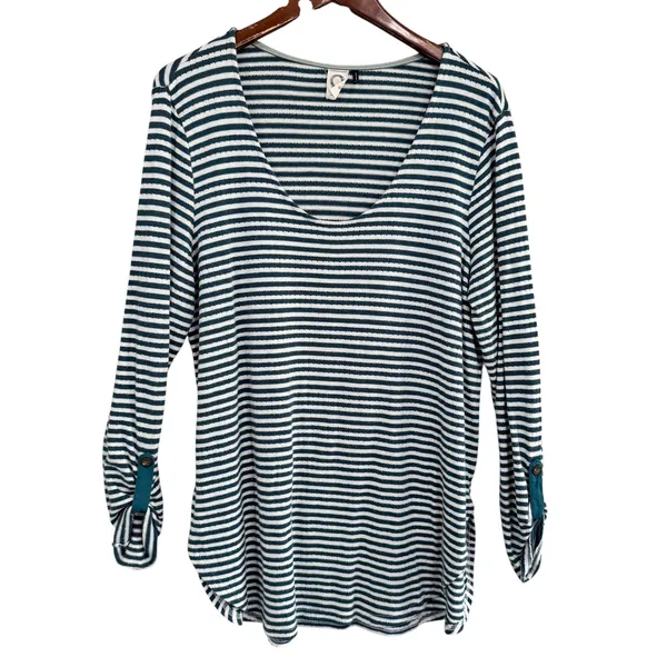 Anthropologie Akemia Kin Striped V-Neck Long Sleeve Tunic‎ Top Green White - Image 9