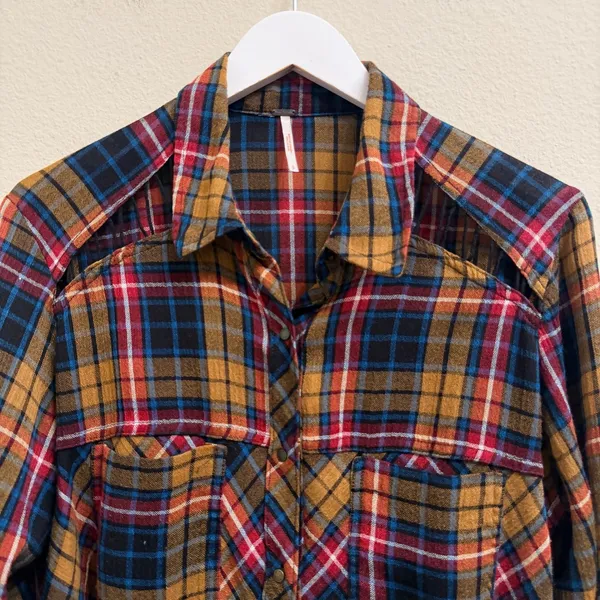 Free People Plaid Button Down Shirt‎ Multicolor Flannel Womens Small- Fall Cozy - Image 3