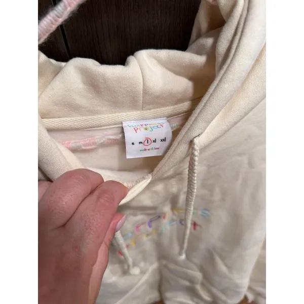 Happiness Project" hoodie multicolored embroidered solid cream women's L - Image 3