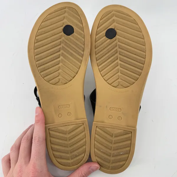 Crocs Tulum Toe Post Sandal Black Tan Women 11 Strappy Buckle Slip On Flip Flop - Image 8