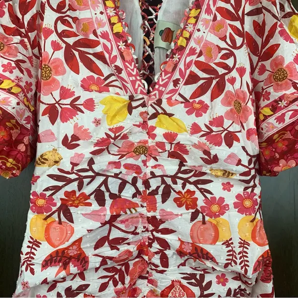 Farm Rio size XS romantic orchard tiered midi dress pink red white - Image 6