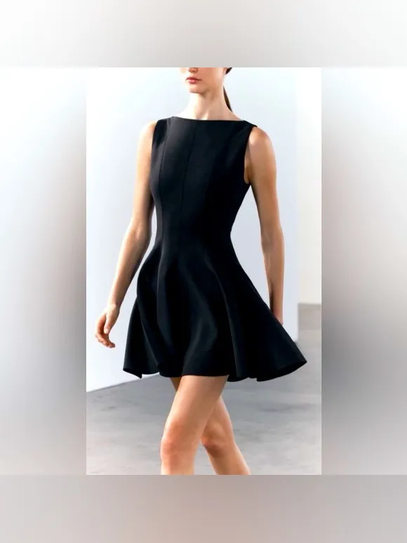 Zara Godet Hem Classic Black Fit-and-Flare Dress Medium - Image 2
