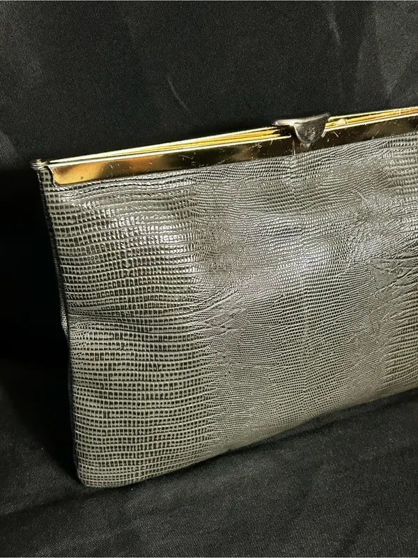 Vintage Textured Grey Clutch with Gold Frame - Image 4