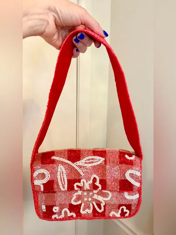 On 34th Viral Beaded Floral Handbag Made In India Red And White Design - Image 4