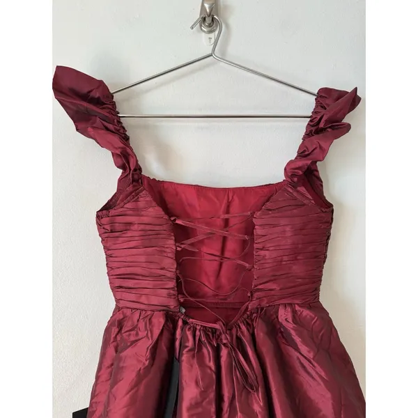 NWT Lulus Poised Passion Wine Red Taffeta Pleated Ruffled Midi Dress Size Small - Image 7