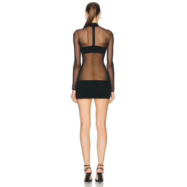 MONOT Contrasting Bands Mini Dress in Black 2 New Womens Sheer Panel Long Sleeve - Image 2