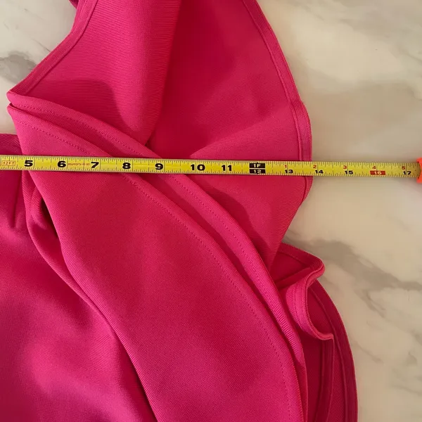 Hot Pink One Shoulder Ruffle Midi Bodycon Dress Size M Slit Back Zip - Image 6
