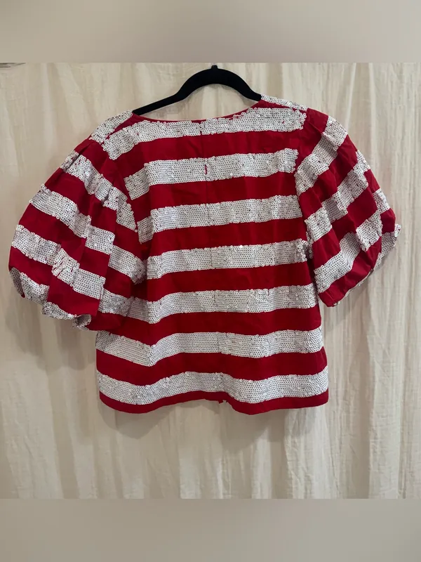 QUEEN OF SPARKLES Red & White Striped Tie-Front Puff Sleeve Crop Top - Image 4