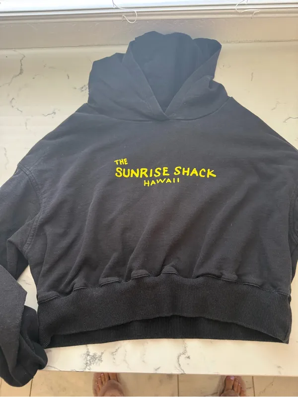 Black Crop Hoodie with Yellow Sunrise Shack Logo - Image 2