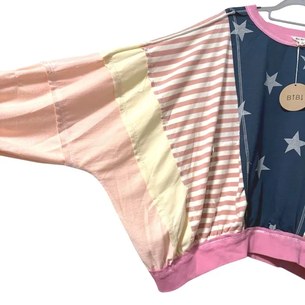 BIBI‎ Patchwork Pullover Sweatshirt Blue Pink Stars Stripes Boho Womens Large - Image 3