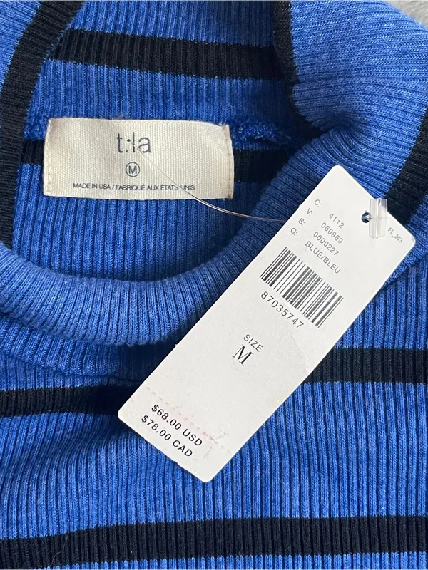 NWT Anthropologie T. La Ruffled turtleneck Top blue black minimalist fall chic M - Image 9