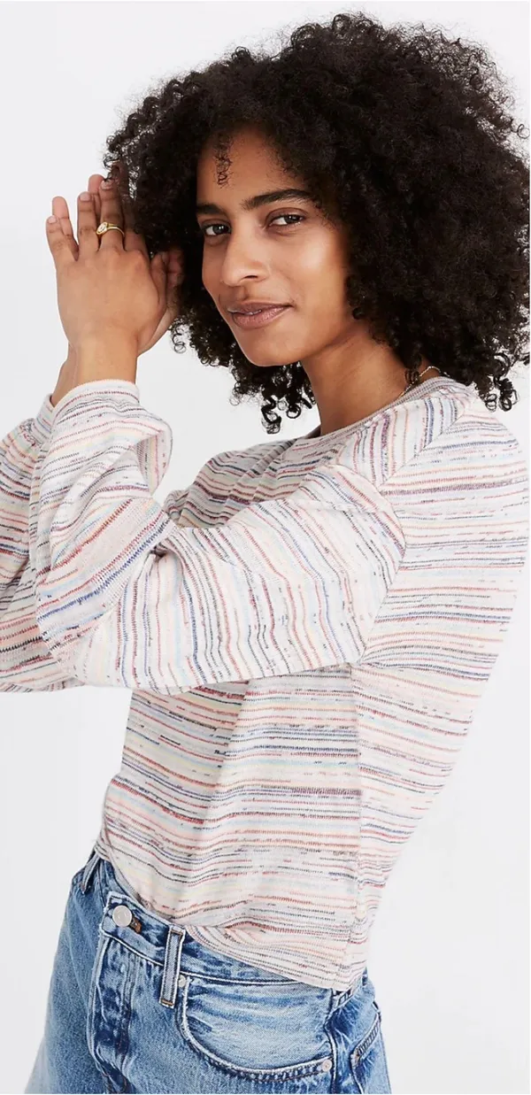 Madewell Sweater Bubble-Sleeve Crop Top in Rainbow Stripe XL - Image 3