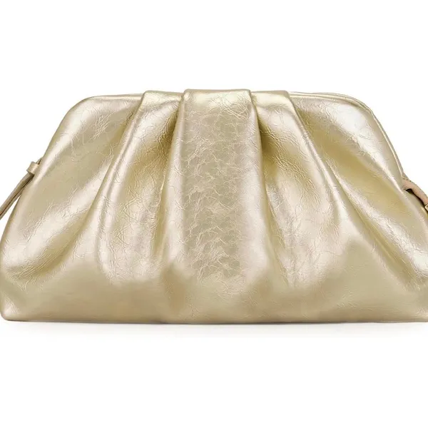 Gold Pleated Evening Clutch Bag Shiny Leather Formal Wedding Crossbody Purse - Image 5