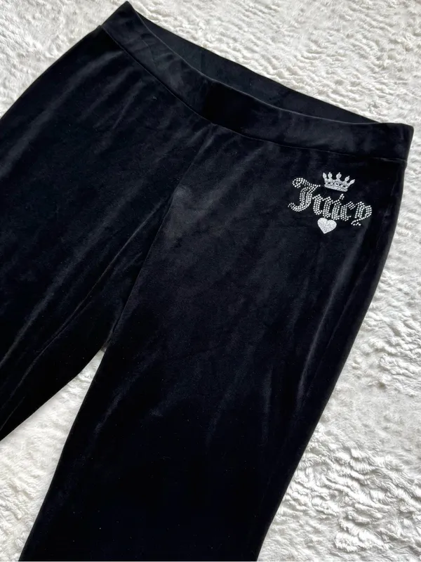 Juicy Couture Velour Track Pants Sweats L Black Velour Bling Cozy Retro Y2K - Image 2