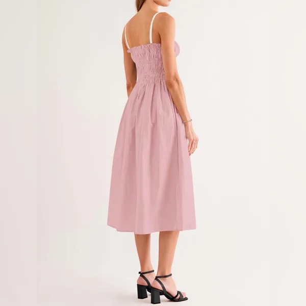 NEW Pink Cotton Spaghetti Strap Dress Tie Smocked Vacation Beach Midi Dress M - Image 3