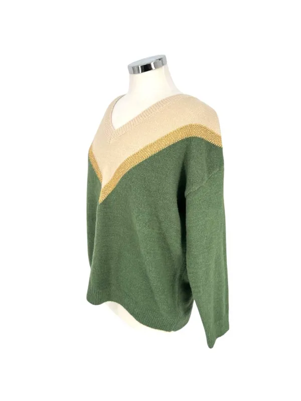 Aaron & Amber Chevron V-Neck Sweater Cabincore 70s Retro Beige Gold Green Medium - Image 6
