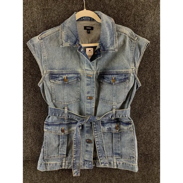 NEW Express Women's Denim Vest Size Small Utility Style Belted Blue Jean Jacket - Image 2