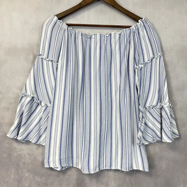 DREW Women Top Blouse Size Medium Off Shoulder Stripe Tiered Bell Sleeve Peasant - Image 2