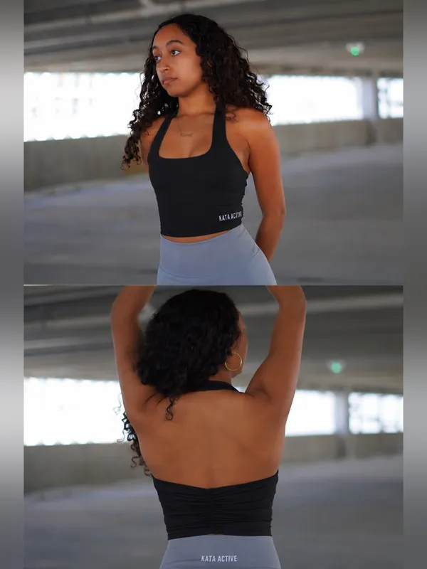 NWOT Sold Out Kata Active Black Halter Crop Top Sports Bra Medium Athleisure - Image 2