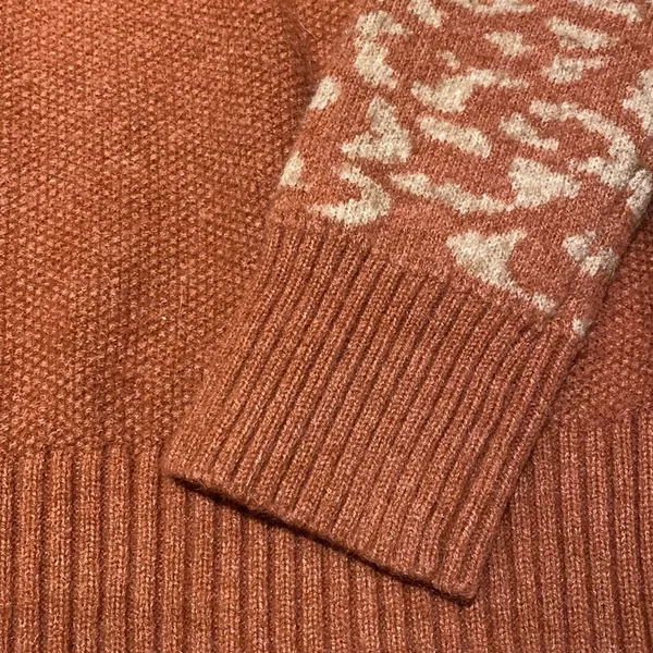 BiBi Knit Texture Contrast Crochet Stripe Brick Sweater Leopard Cuff S - Image 5