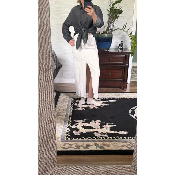 ZARA High Waisted Denim Midi Skirt Cream Slit Size XS - Image 8