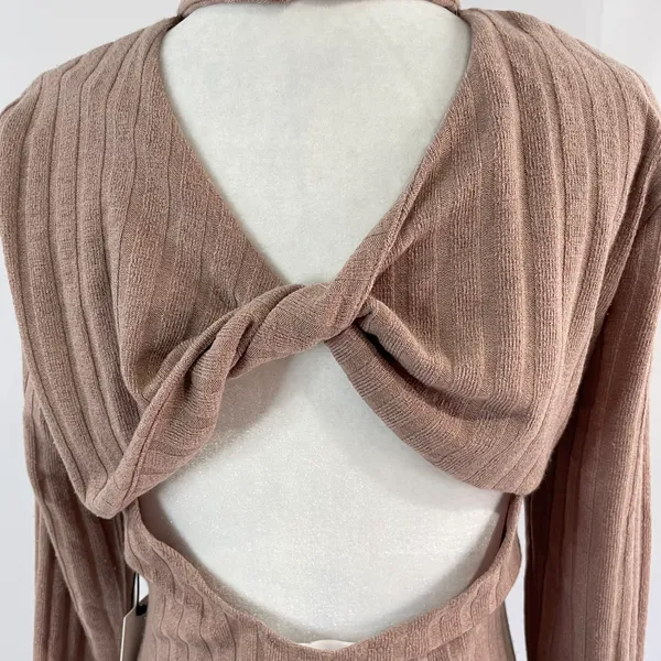 Floret Studios New Twist Open Back Long Sleeve Ribbed Sweater Dress Mocha - Image 13
